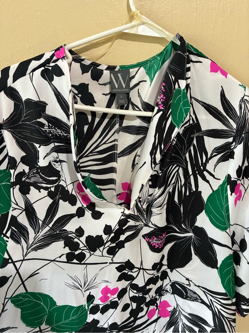 Worthington White Botanical Print Draped Neck Blouse with Green & Pink Accents - Picture 7 of 8